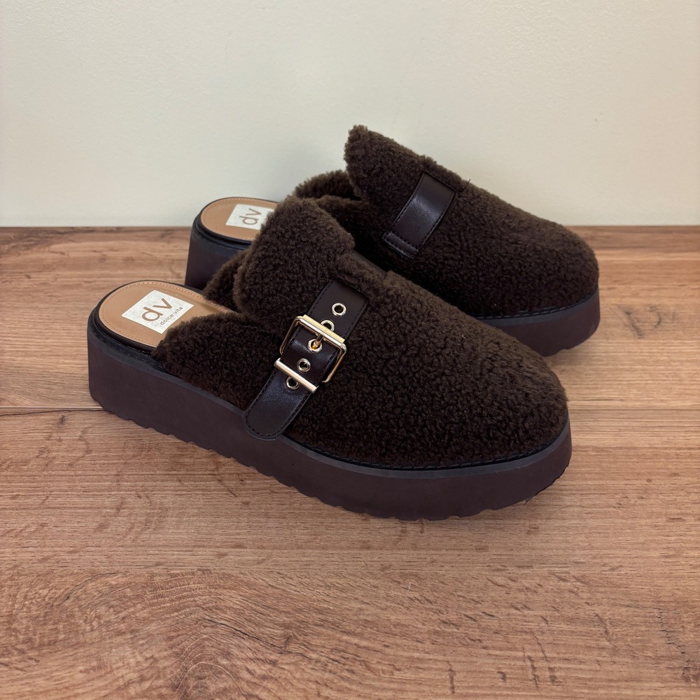 DV DOLCE VITA Lelani Cozy Platform Clogs Dark Brown Women Size 9.5 Faux Fur Cozy